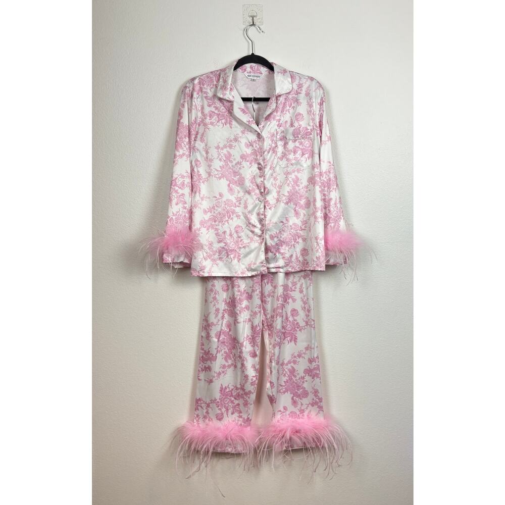 Bon Viviann English Rose Pink White Floral Satin Pajama Set Bridal Luxury Small